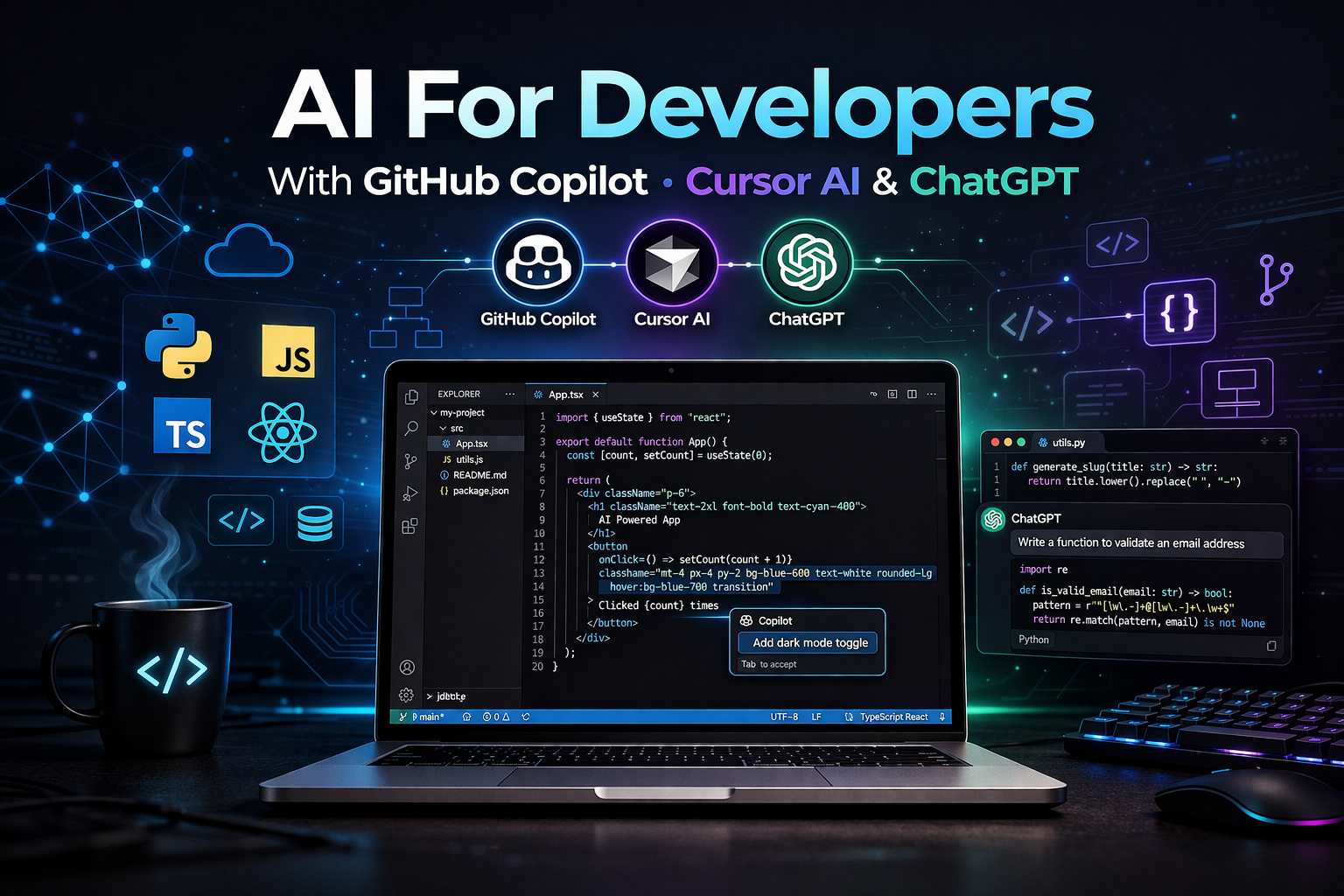 Imagem de capa do curso AI For Developers With GitHub Copilot, Cursor AI & ChatGPT